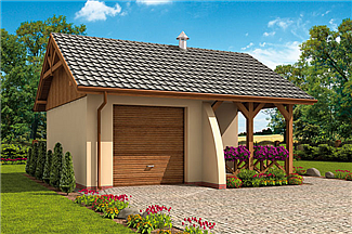 Projekt domu G41 garaż jednostanowiskowy z pomieszczeniem gospodarczym i altaną ogrodową z grilem.